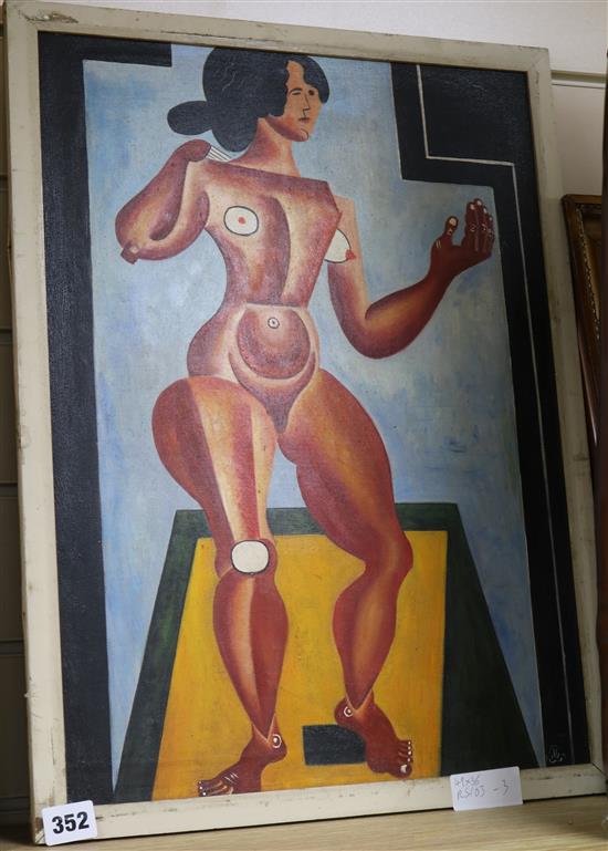 Modern British, oil on canvas board, stylised nude, 49 x 36cm